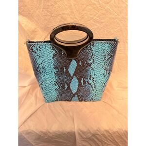 Comeco Blue Snakeskin Print Tote Bag Cut Out Handle Faux Leather Handbag NEW